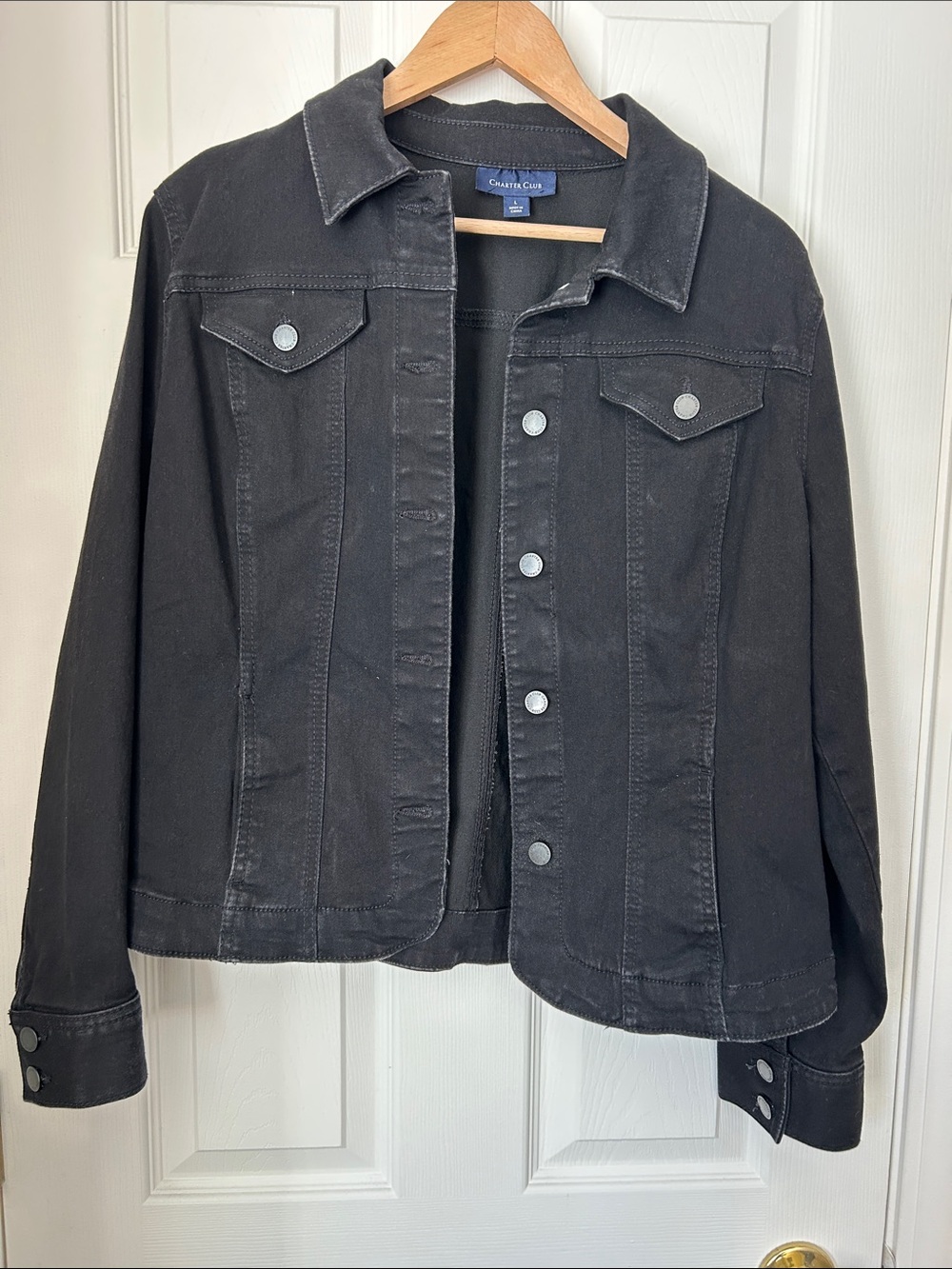 Charter Club Women's Black Denim Jacket with Silver Buttons